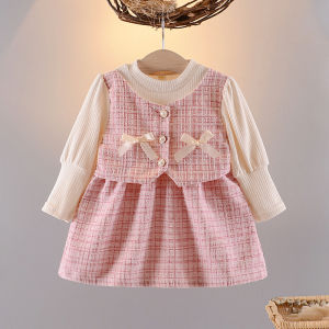 1-3T Girl Dress Spring Autumn New Long Sleeve Bow Plaid  Outfit Kids Cute  Clothes