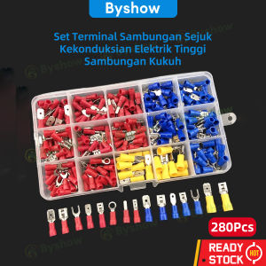 Byshow Electrical Terminal Connector Set Insulated Spade Fork Ring Wire Crimp Terminals Cold Press Terminal Brass Tin Plated Corrosion Resistance Assorted Size for Auto Home Wiring