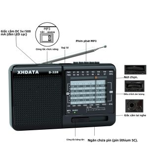 XHDATA D-328 Đài Phát Thanh Di Động 12 Băng Tần AM/FM/SW Với Công Nghệ DSP Máy Nghe Nhạc MP3 Khe Cắm Thẻ TF USB Bluetooth Mini FM Receiver Đen