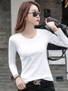 Slim Fit Long Sleeve round Neck Pure Cotton Fleece Lined Base Shirt Trendy White T-Shirt for Women Commute Style Classic Solid Color