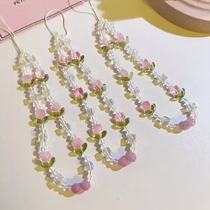 Womens Pink Tulip Phone Strap Fresh And Sweet Beaded Chain Pendant Phone Charm Bag Decoration Fashionable Versatile Accessory