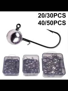 20/30/40/50pcs a lot Black box with jig hooks 1g-20g All Size Big Head Jigs Hook Round Ball Weedless Long Shank Jig Head Hook