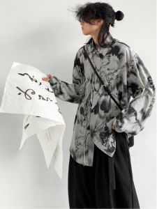 Jiwuu Chinese Style Water-Mark Print Long Sleeve Casual Shirt for Men Loose Fit Button up Spring New Collection