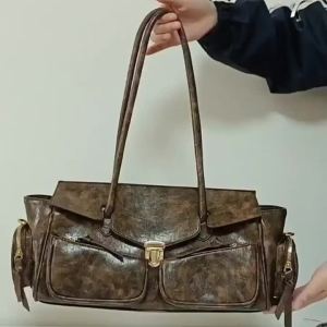 Y2K Style Large Bowling Bag Chic Boston Handbag Solid Color Biker Crossbody Bag Shoulder Bag Womens Vintage Underarm Bag