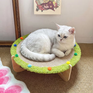 Lovinland Pet Wooden Elevated Cat Bed Hammock Breathable Scratch Resistant Fabric Pet Bed Suitable for Cats Round Cat Scratching Bed