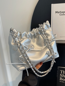 Fashionable Butterfly Knot Chain Bag Womens Shoulder Bag Summer Trendy Trash Bag Commuting Underarm Bag Soft PU Bucket Bag