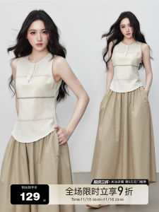Yuzhi Summer New Style Thin Stripe Vest Sleeveless Top in Mellow Beige Quality Commute Polyester Fiber Short Length Pullover
