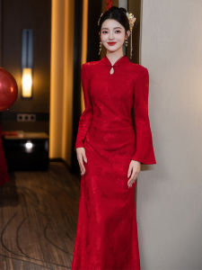 Red Long Sleeve Cheongsam Dress Chinese Style Wedding Dress Long Gown Elegant Sensation National Fashion Engagement Dinner Dress