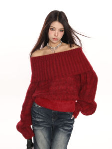Slimming Red One-Shoulder High-Neck Knit Sweater