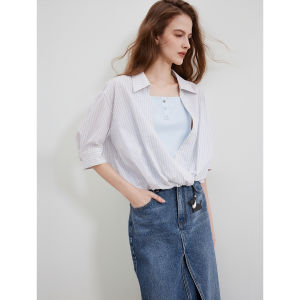Elle French Stripe Illusory Two-Piece Casual Loose Commute Style Womens Shirt Summer New Arrival Slimming Effect Shirt