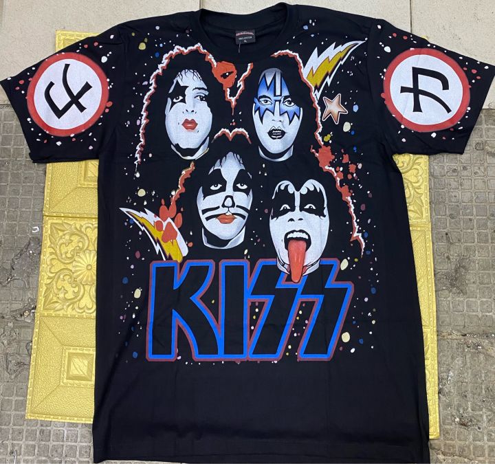 T-shirt Officiel Kiss 'Neon Band' Noir - Nouveau Avec étiquettes, Manches Courtes, 100% Coton