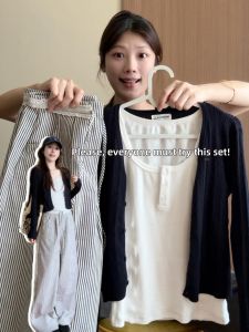 LIRUSHAN | Áo Cardigan Knit Màu Xanh Đen Thời Trang Mới cho Đầu Mùa Xuân
