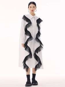 XITAO Patchwork Mesh Single Breasted Shirt Collar Dress Vintage Europe Sweet A-line Casual Full Sleeve Spring Dress GMM1184