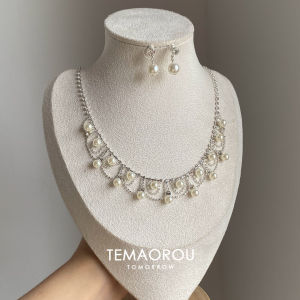 Luxury Silver Lace Pearl Pendant Set with Pearl Earrings Dinner Party High-End Feel Clavicle Chain Choker Fashion Jewelry