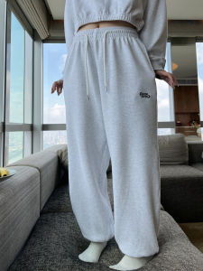 Korean Style Casual Loose Fit Womens Sweatpants Elastic Cuffed Sports Pants Embroidered Lettering Slimming Effect