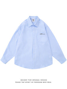 Loose Casual Blue Striped Long Sleeve Shirt MOISHE TIDE Japanese Style Thin Outerwear for Couples Autumn Polyester Fiber