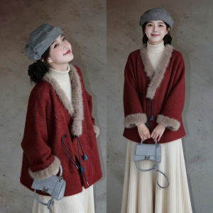 XUECAIQI | Festive Chinese-Style Red Fleece Collar Coat
