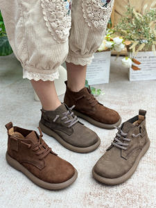 Handmade Thick Heel Genuine Leather Womens Flats Retro Deep Mouth Single Shoes Cotton Linen Style Cross Buckle Strap Flats