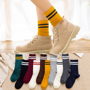 Women Fashion Socks Classic Striped Solid Colors Breathable Cotton Long Socks Japanese Korean Style Trendy Casual Sports Socks