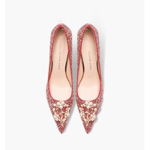 Red Crystal Wedding Shoes for Women 2025 New Autumn Two-Way Wear Bride Shoes Chinese Wedding High Heels Fashionable Pearl Embellished