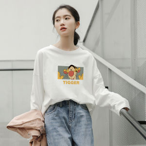 Womens Long Sleeve T-Shirt Double-sided Fleece Brushed Print Base Shirt Spring Autumn Loose Fit Cotton Inner Wear Top