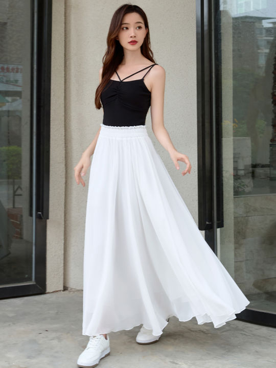 White Long Skirt Women's 2025 New Summer Chiffon Dance Skirt