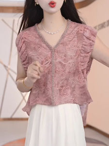 Shalldoer | Fashionable Short Sleeve Embroidered Bead Shirt Womens New 2025 Summer Stylish Ageless Top Casual Style Round Neck Straight Cut