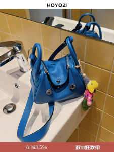 High-Definition Top Layer Cowhide Gem Blue Tote Bag Womens Single Shoulder Slant Cross Small Bag Stylish Urban Simplicity