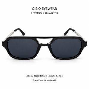 Premium Design Sunglasses Rectangular Aviator Black Frame Dark Grey Lens with Silver Temple Details