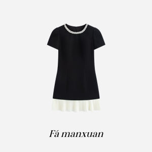 FAMANXUAN | Hand-beaded and Rhinestoned Color Block Acetate Pleated Dress
