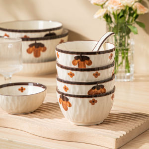 Retro Ceramic Bowl Set for Home Use Rice Bowl Underglaze Color Dining Bowl 5 Inch Small Dessert Bowl Plant Floral Pattern