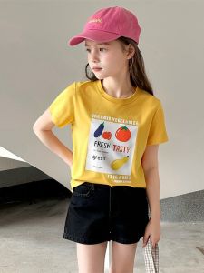 Summer Childrens Cartoon Fruit Pure Cotton Short Sleeve T-shirt Korean Style Baby Girl Clothes Casual Loose Fit round Neck