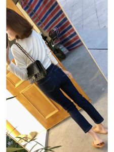 Quần Jeans Denim Ống Thẳng Màu Xanh Đậm Quần Dài Thường Ngày Cho Nữ Quần Jeans Ống Thẳng Ôm Dáng Cạp Cao Thu Đông 2024