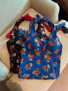 GUZILIAN | French Blue Floral Print Halter Vest Women Summer Design Unique Base Layer Outdoor Short Spicy Girl Top Korean Style Slim Fit