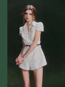 Lace Trimmed French Style Collar Jumpsuit Shorts