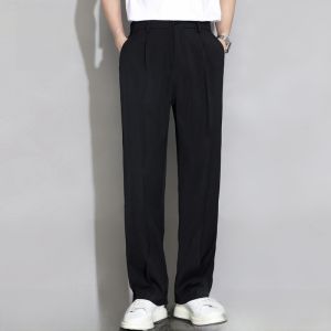 ROMON | Lormen Mens Ice Silk Casual Pants Summer Thin Korean Style Small West Loose Straight Tube Khaki Long Trousers Fashionable Urban Cool Feeling