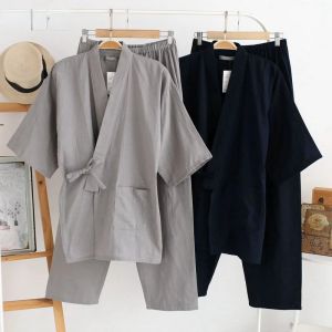 Traditional Japanese Pajamas Set Kimono Haori Yukata Nightgown Japan Style Housewear Men Gown Sleepwear Obi Outfits Asian Cloth