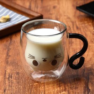 JUSTINLAU 250ml Cat Mugs High Borosilicate Glass Double Vacuum Cute Coffee/tea Cup with Handle Cold and Heat Resistant Milk Mug