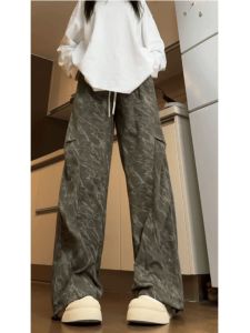 กางเกงทำงานผ้าคอร์ดูรอยยับย่นสไตล์อเมริกันย้อนยุคสำหรับผู้หญิง กางเกงขายาวทรงตรงลำลองฤดูใบไม้ร่วง Hiphop Tie Dye กางเกงขายาวทรงสลิมฟิต