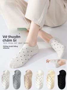 MiiOW | Tất lưới kẻ caro mỏng mùa hè cho nữ Tất thuyền không gân cổ ngắn thoáng khí màu xám đa năng không rơi