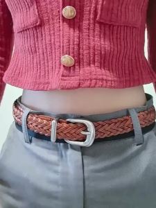 Fashion womens belt with pin buckle hand-woven leather belt adjustable suitable for dresses and pants
