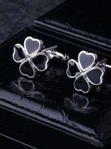 Black Four-Leaf Cufflinks Mens French Shirt Sleeve Buttons Formal Shirt Cuff Fasteners Fashionable Accessory for Men
