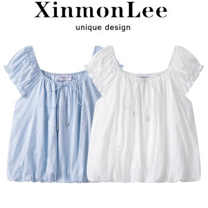 French Style Sweet Shoulder Bubble Sleeve Short Shirt Summer Floral Print Gathered Edge Flower Bud Top Womens Fashion Shirt