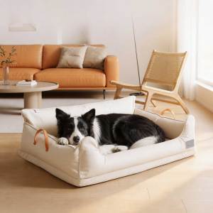 Teeker Pet Large Dog Bed Orthopedic Dog Beds Beige Memory Foam Infused with Cooling Leather Cover Waterproof