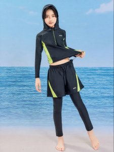 XTEP | Color Block Hooded Childrens Long Sleeve Swimsuit