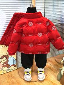 Red Chinese Style Childrens down Jacket Winter New Year Visiting Clothes for Boys And Girls Thickened Polyester Fiber Fabric