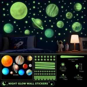 Night Glow Wall Stickers Featuring Nine Planets Depicting the Cosmic Universe with Glowing Fluorescent Decorations for Bedroom