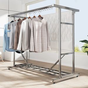 HG 304ราวตากผ้าสแตนเลสสตีล 2 แถว เคลื่อนย้ายง่าย ล้อลาก โครงสร้างแข็งแรง กันน้ำกันสนิม ตะขอกันลม COD