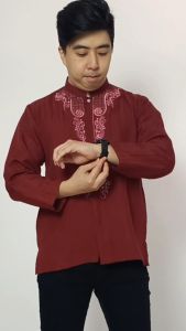 HABISIN STOK Baju koko pria lengan panjang maron motif Bordir