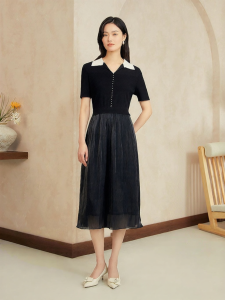 French Style Summer Luminescent Island Silk Contrast Collar Knit Dress